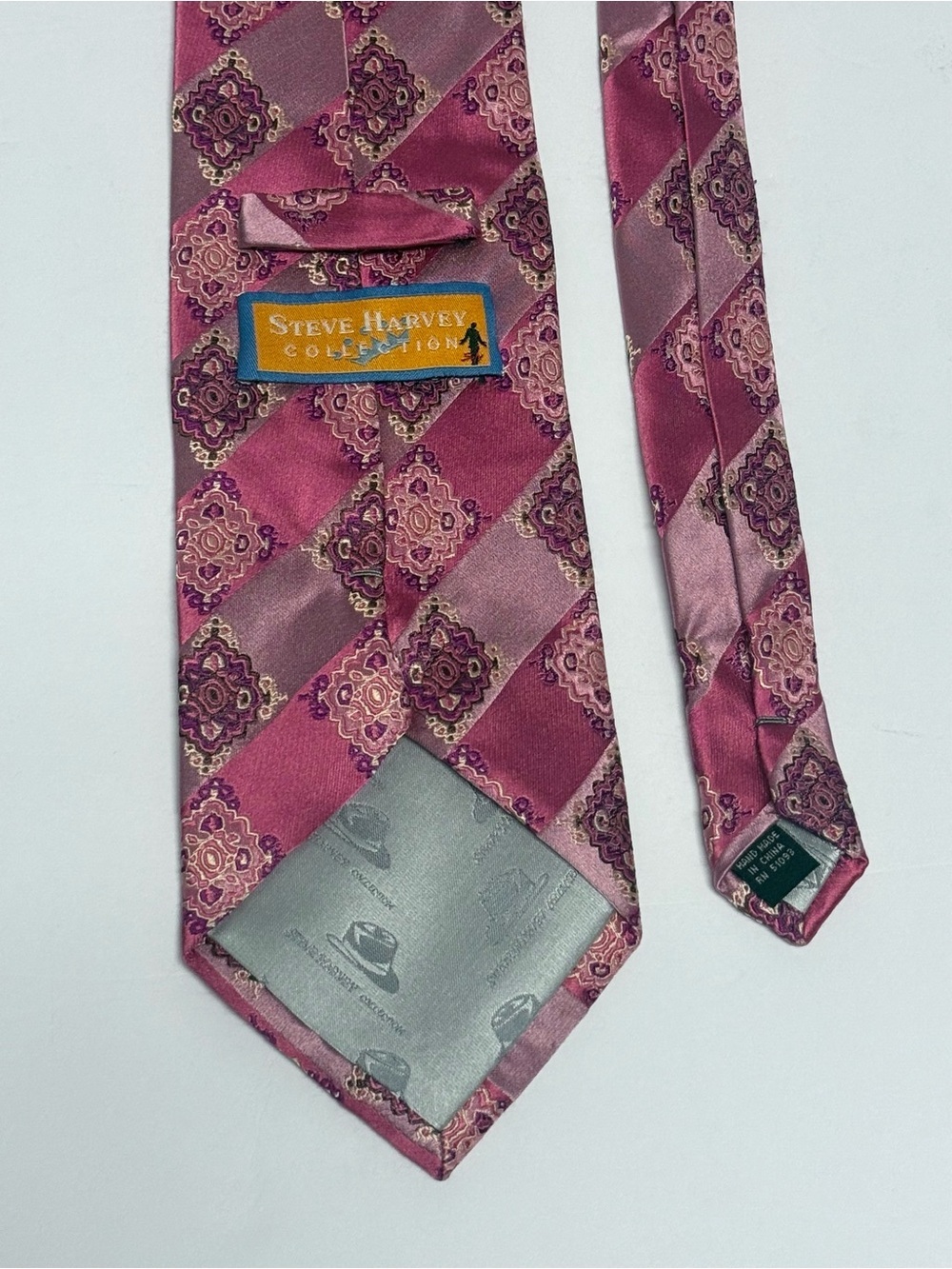 Steve Harvey Collection Silk Jacquard Tie Pink Mauve Burgundy Medallion Stripe - Picture 3 of 3